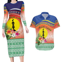New Caledonia Nautilus Shell Couples Matching Long Sleeve Bodycon Dress and Hawaiian Shirt Polynesian Tropical Flowers LT9 Red - Polynesian Pride