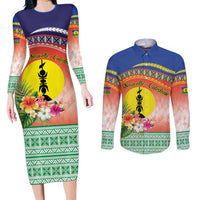 New Caledonia Nautilus Shell Couples Matching Long Sleeve Bodycon Dress and Long Sleeve Button Shirt Polynesian Tropical Flowers LT9 Red - Polynesian Pride