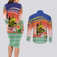 New Caledonia Nautilus Shell Couples Matching Long Sleeve Bodycon Dress and Long Sleeve Button Shirt Polynesian Tropical Flowers LT9 - Polynesian Pride