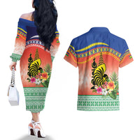 New Caledonia Nautilus Shell Couples Matching Off The Shoulder Long Sleeve Dress and Hawaiian Shirt Polynesian Tropical Flowers LT9 - Polynesian Pride