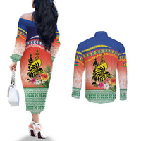 New Caledonia Nautilus Shell Couples Matching Off The Shoulder Long Sleeve Dress and Long Sleeve Button Shirt Polynesian Tropical Flowers LT9 - Polynesian Pride