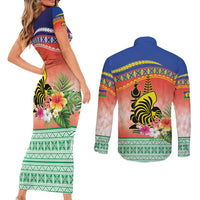 New Caledonia Nautilus Shell Couples Matching Short Sleeve Bodycon Dress and Long Sleeve Button Shirt Polynesian Tropical Flowers LT9 - Polynesian Pride