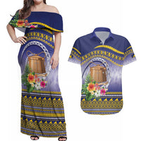 Tokelau Tuluma Couples Matching Off Shoulder Maxi Dress and Hawaiian Shirt Polynesian Tropical Flowers LT9 Blue - Polynesian Pride