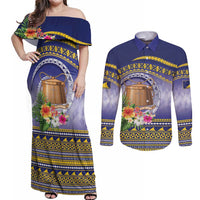 Tokelau Tuluma Couples Matching Off Shoulder Maxi Dress and Long Sleeve Button Shirt Polynesian Tropical Flowers LT9 Blue - Polynesian Pride