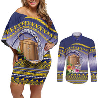 Tokelau Tuluma Couples Matching Off Shoulder Short Dress and Long Sleeve Button Shirt Polynesian Tropical Flowers LT9 Blue - Polynesian Pride