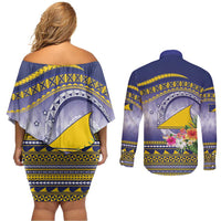 Tokelau Tuluma Couples Matching Off Shoulder Short Dress and Long Sleeve Button Shirt Polynesian Tropical Flowers LT9 - Polynesian Pride