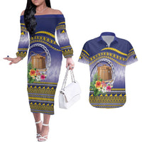 Tokelau Tuluma Couples Matching Off The Shoulder Long Sleeve Dress and Hawaiian Shirt Polynesian Tropical Flowers LT9 Blue - Polynesian Pride