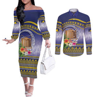 Tokelau Tuluma Couples Matching Off The Shoulder Long Sleeve Dress and Long Sleeve Button Shirt Polynesian Tropical Flowers LT9 Blue - Polynesian Pride