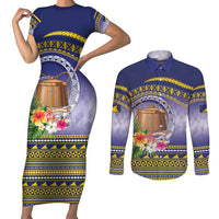 Tokelau Tuluma Couples Matching Short Sleeve Bodycon Dress and Long Sleeve Button Shirt Polynesian Tropical Flowers LT9 Blue - Polynesian Pride