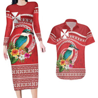 Wallis et Futuna Kingfisher Couples Matching Long Sleeve Bodycon Dress and Hawaiian Shirt Polynesian Tropical Flowers LT9 Red - Polynesian Pride