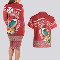 Wallis et Futuna Kingfisher Couples Matching Long Sleeve Bodycon Dress and Hawaiian Shirt Polynesian Tropical Flowers LT9 - Polynesian Pride