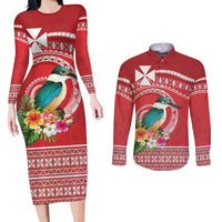 Wallis et Futuna Kingfisher Couples Matching Long Sleeve Bodycon Dress and Long Sleeve Button Shirt Polynesian Tropical Flowers LT9 Red - Polynesian Pride