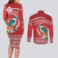 Wallis et Futuna Kingfisher Couples Matching Long Sleeve Bodycon Dress and Long Sleeve Button Shirt Polynesian Tropical Flowers LT9 - Polynesian Pride