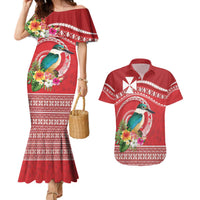 Wallis et Futuna Kingfisher Couples Matching Mermaid Dress and Hawaiian Shirt Polynesian Tropical Flowers LT9 Red - Polynesian Pride