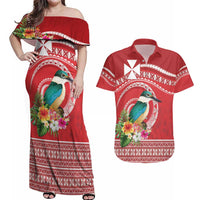 Wallis et Futuna Kingfisher Couples Matching Off Shoulder Maxi Dress and Hawaiian Shirt Polynesian Tropical Flowers LT9 Red - Polynesian Pride