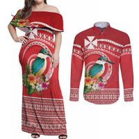 Wallis et Futuna Kingfisher Couples Matching Off Shoulder Maxi Dress and Long Sleeve Button Shirt Polynesian Tropical Flowers LT9 Red - Polynesian Pride