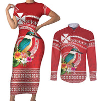 Wallis et Futuna Kingfisher Couples Matching Short Sleeve Bodycon Dress and Long Sleeve Button Shirt Polynesian Tropical Flowers LT9 Red - Polynesian Pride