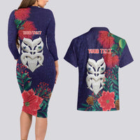 Maori Wheku Meri Kirihimete Personalised Couples Matching Long Sleeve Bodycon Dress and Hawaiian Shirt All Blue Indigenous Maori Motif LT9 - Polynesian Pride