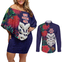 Maori Wheku Meri Kirihimete Personalised Couples Matching Off Shoulder Short Dress and Long Sleeve Button Shirt All Blue Indigenous Maori Motif LT9 Blue - Polynesian Pride
