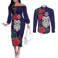 Maori Wheku Meri Kirihimete Personalised Couples Matching Off The Shoulder Long Sleeve Dress and Long Sleeve Button Shirt All Blue Indigenous Maori Motif LT9 Blue - Polynesian Pride