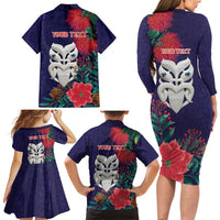 Maori Wheku Meri Kirihimete Personalised Family Matching Long Sleeve Bodycon Dress and Hawaiian Shirt All Blue Indigenous Maori Motif LT9 - Polynesian Pride