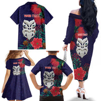 Maori Wheku Meri Kirihimete Personalised Family Matching Off The Shoulder Long Sleeve Dress and Hawaiian Shirt All Blue Indigenous Maori Motif LT9 - Polynesian Pride