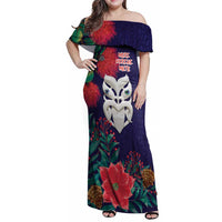 Maori Wheku Meri Kirihimete Personalised Family Matching Off Shoulder Maxi Dress and Hawaiian Shirt All Blue Indigenous Maori Motif LT9 Mom's Dress Blue - Polynesian Pride