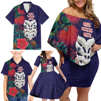 Maori Wheku Meri Kirihimete Personalised Family Matching Off Shoulder Short Dress and Hawaiian Shirt All Blue Indigenous Maori Motif LT9 - Polynesian Pride