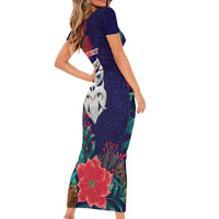Maori Wheku Meri Kirihimete Personalised Family Matching Short Sleeve Bodycon Dress and Hawaiian Shirt All Blue Indigenous Maori Motif LT9 - Polynesian Pride