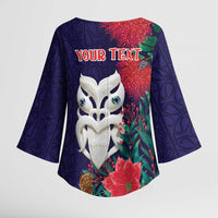 Maori Wheku Meri Kirihimete Personalised Kimono Sleeve Blouse All Blue Indigenous Maori Motif LT9 - Polynesian Pride