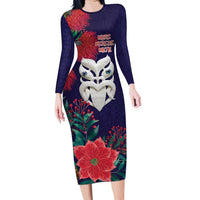 Maori Wheku Meri Kirihimete Personalised Long Sleeve Bodycon Dress All Blue Indigenous Maori Motif LT9 Long Dress Blue - Polynesian Pride