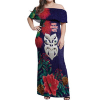 Maori Wheku Meri Kirihimete Personalised Off Shoulder Maxi Dress All Blue Indigenous Maori Motif LT9 Women Blue - Polynesian Pride