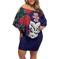 Maori Wheku Meri Kirihimete Personalised Off Shoulder Short Dress All Blue Indigenous Maori Motif LT9 Women Blue - Polynesian Pride