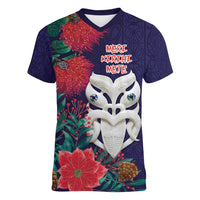 Maori Wheku Meri Kirihimete Personalised Women V-Neck T-Shirt All Blue Indigenous Maori Motif LT9 Female Blue - Polynesian Pride