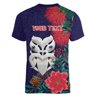 Maori Wheku Meri Kirihimete Personalised Women V-Neck T-Shirt All Blue Indigenous Maori Motif LT9 - Polynesian Pride