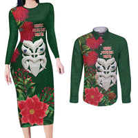 Maori Wheku Meri Kirihimete Personalised Couples Matching Long Sleeve Bodycon Dress and Long Sleeve Button Shirt All Green Indigenous Maori Motif LT9 Green - Polynesian Pride