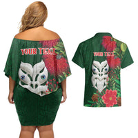 Maori Wheku Meri Kirihimete Personalised Couples Matching Off Shoulder Short Dress and Hawaiian Shirt All Green Indigenous Maori Motif LT9 - Polynesian Pride