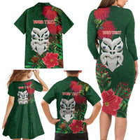 Maori Wheku Meri Kirihimete Personalised Family Matching Long Sleeve Bodycon Dress and Hawaiian Shirt All Green Indigenous Maori Motif LT9 - Polynesian Pride