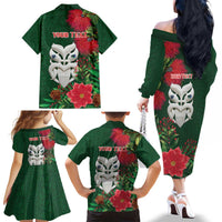 Maori Wheku Meri Kirihimete Personalised Family Matching Off The Shoulder Long Sleeve Dress and Hawaiian Shirt All Green Indigenous Maori Motif LT9 - Polynesian Pride