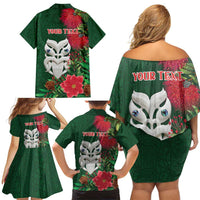 Maori Wheku Meri Kirihimete Personalised Family Matching Off Shoulder Short Dress and Hawaiian Shirt All Green Indigenous Maori Motif LT9 - Polynesian Pride