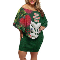 Maori Wheku Meri Kirihimete Personalised Family Matching Off Shoulder Short Dress and Hawaiian Shirt All Green Indigenous Maori Motif LT9 Mom's Dress Green - Polynesian Pride