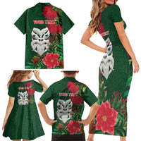 Maori Wheku Meri Kirihimete Personalised Family Matching Short Sleeve Bodycon Dress and Hawaiian Shirt All Green Indigenous Maori Motif LT9 - Polynesian Pride