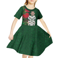 Maori Wheku Meri Kirihimete Personalised Kid Short Sleeve Dress All Green Indigenous Maori Motif LT9 - Polynesian Pride
