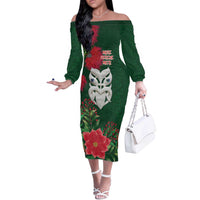 Maori Wheku Meri Kirihimete Personalised Off The Shoulder Long Sleeve Dress All Green Indigenous Maori Motif LT9 Women Green - Polynesian Pride