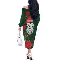Maori Wheku Meri Kirihimete Personalised Off The Shoulder Long Sleeve Dress All Green Indigenous Maori Motif LT9 - Polynesian Pride