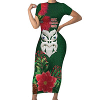 Maori Wheku Meri Kirihimete Personalised Short Sleeve Bodycon Dress All Green Indigenous Maori Motif LT9 Long Dress Green - Polynesian Pride