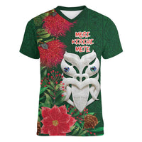Maori Wheku Meri Kirihimete Personalised Women V-Neck T-Shirt All Green Indigenous Maori Motif LT9 Female Green - Polynesian Pride