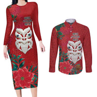 Maori Wheku Meri Kirihimete Personalised Couples Matching Long Sleeve Bodycon Dress and Long Sleeve Button Shirt All Red Indigenous Maori Motif LT9 Red - Polynesian Pride