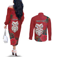 Maori Wheku Meri Kirihimete Personalised Couples Matching Off The Shoulder Long Sleeve Dress and Long Sleeve Button Shirt All Red Indigenous Maori Motif LT9 - Polynesian Pride