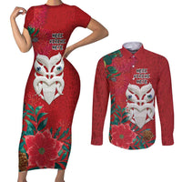 Maori Wheku Meri Kirihimete Personalised Couples Matching Short Sleeve Bodycon Dress and Long Sleeve Button Shirt All Red Indigenous Maori Motif LT9 Red - Polynesian Pride